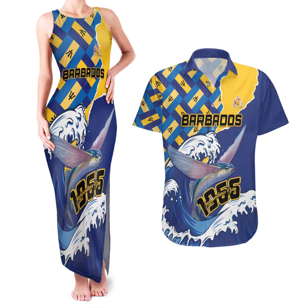 Personalised Barbados Independence Day Couples Matching Tank Maxi Dress and Hawaiian Shirt Flying Fish Flag Pattern - Wonder Print Shop