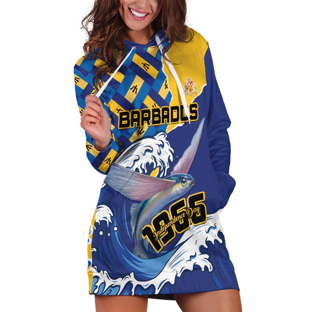 Personalised Barbados Independence Day Hoodie Dress Flying Fish Flag Pattern - Wonder Print Shop