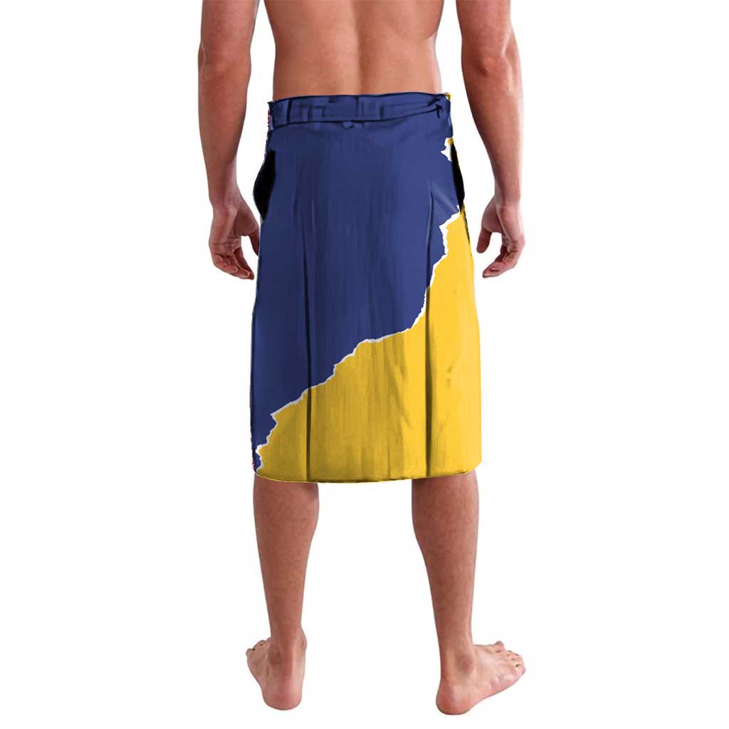 Blue and yellow flag-pattern lavalava skirt with elastic waistband and side slit