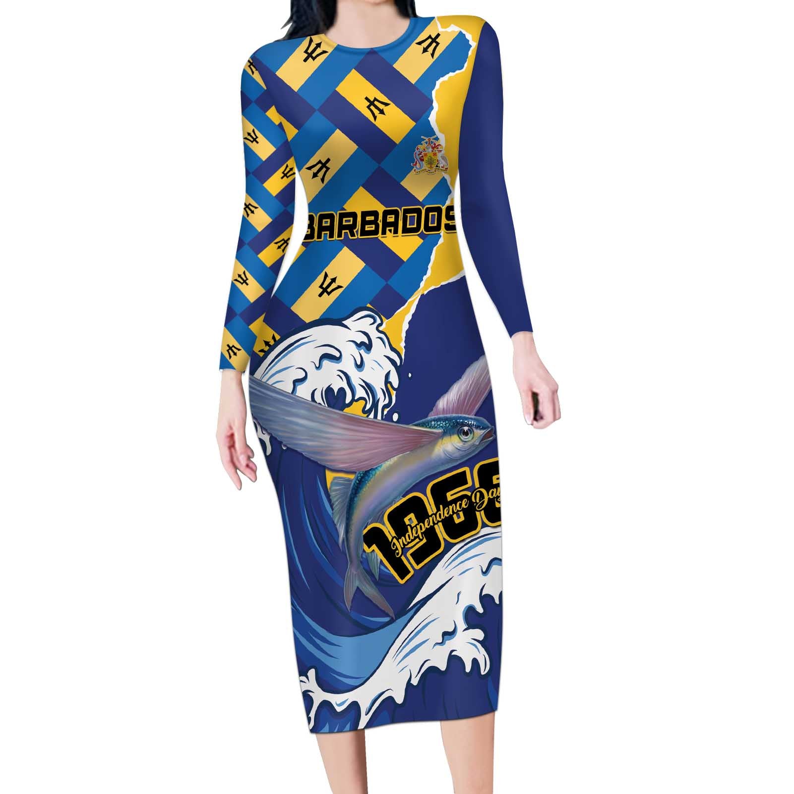 Personalised Barbados Independence Day Long Sleeve Bodycon Dress Flying Fish Flag Pattern - Wonder Print Shop