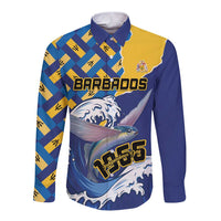 Unisex long-sleeve button shirt, blue and yellow Barbados flying-fish graphic