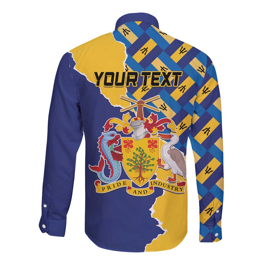 Unisex long-sleeve button shirt, back map and crest with custom text, blue and yellow