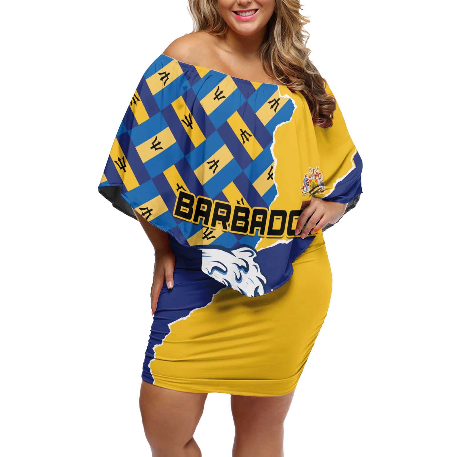 Personalised Barbados Independence Day Off Shoulder Short Dress Flying Fish Flag Pattern - Wonder Print Shop