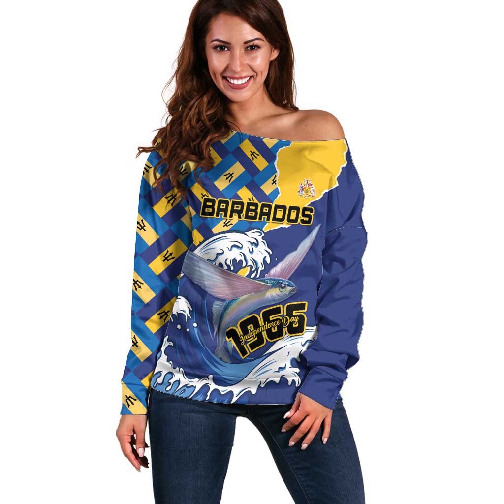 Personalised Barbados Independence Day Off Shoulder Sweater Flying Fish Flag Pattern - Wonder Print Shop