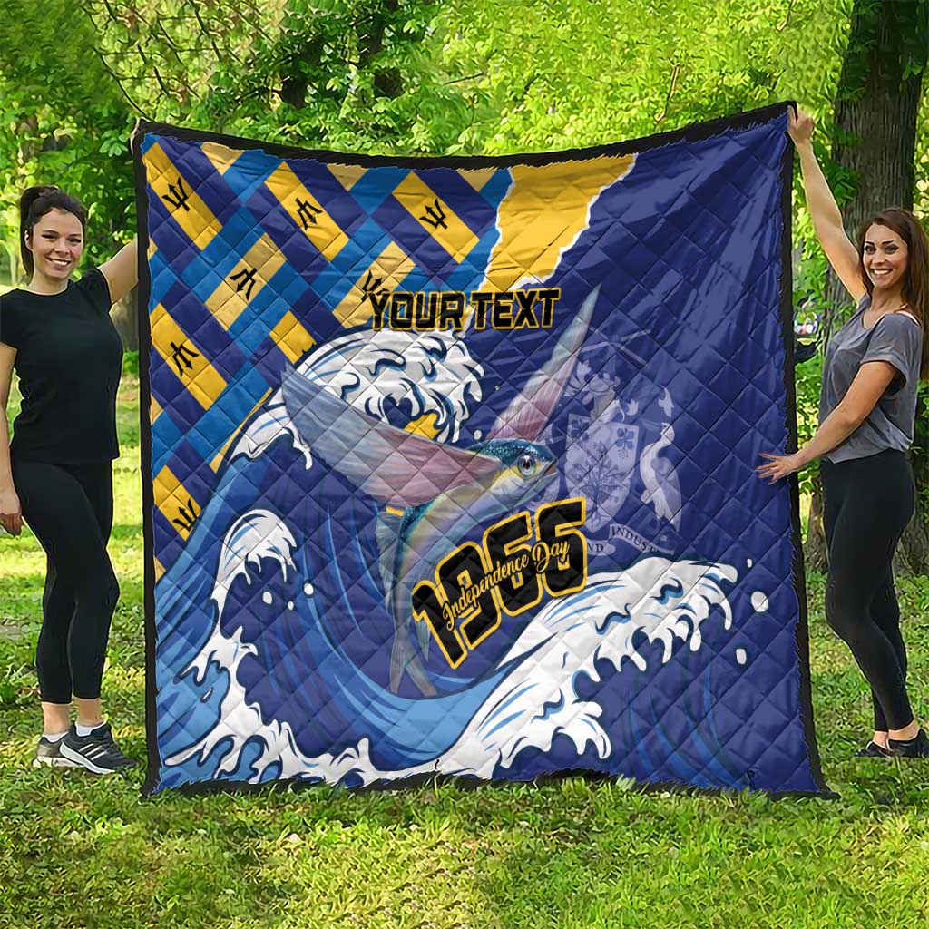 Personalized Independence Day quilt spread outdoors with blue waves, yellow diamonds, fish graphic