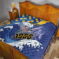 Personalized Independence Day quilt with blue, yellow, and wave-and-flying-fish design