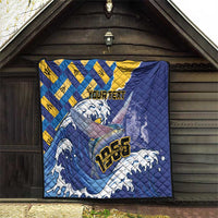 Personalized Independence Day quilt hung on a porch with blue, yellow, and wave design