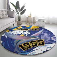 Round blue flying fish graphic Independence Day carpet with yellow center text