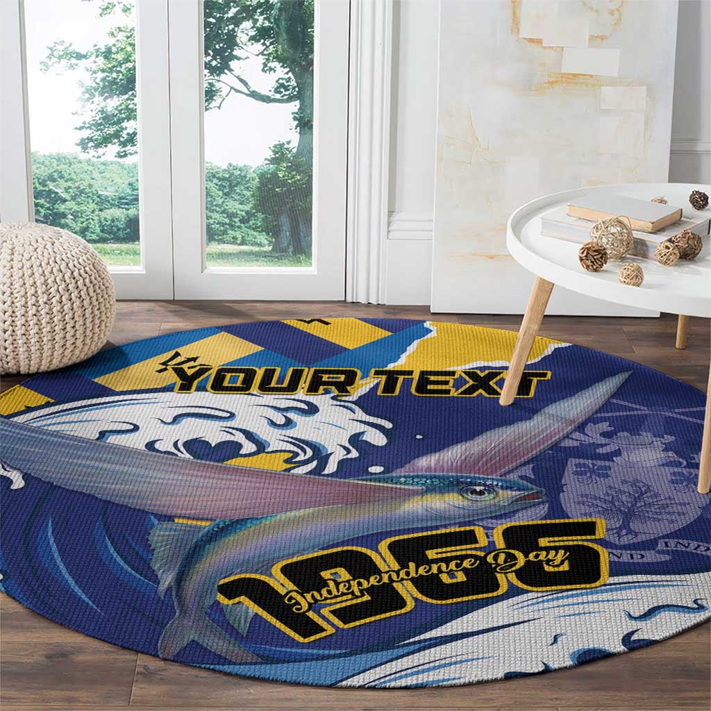 Round blue flying-fish Independence Day carpet with yellow personalized banner and text