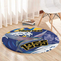 Round blue flying-fish Independence Day carpet with yellow custom text in center