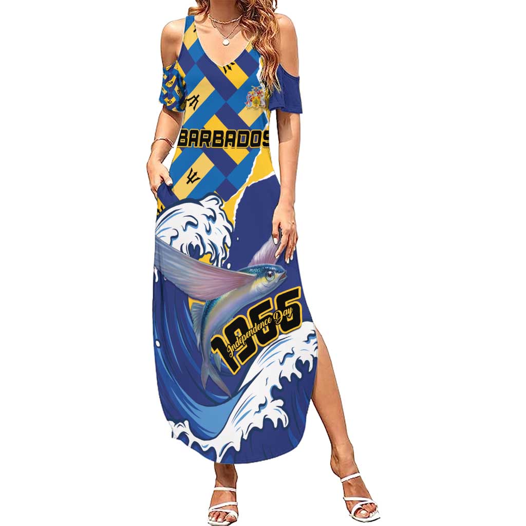 Personalised Barbados Independence Day Summer Maxi Dress Flying Fish Flag Pattern - Wonder Print Shop