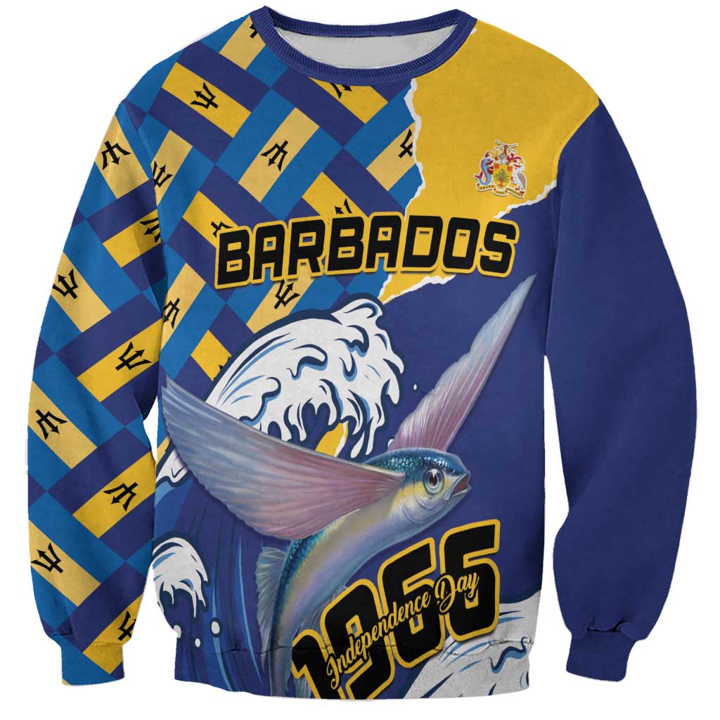 Unisex crewneck sweatshirt in yellow and navy with Barbados and flying fish graphic