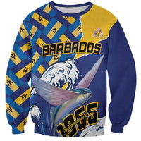 Unisex crewneck sweatshirt in yellow and navy with Barbados and flying fish graphic