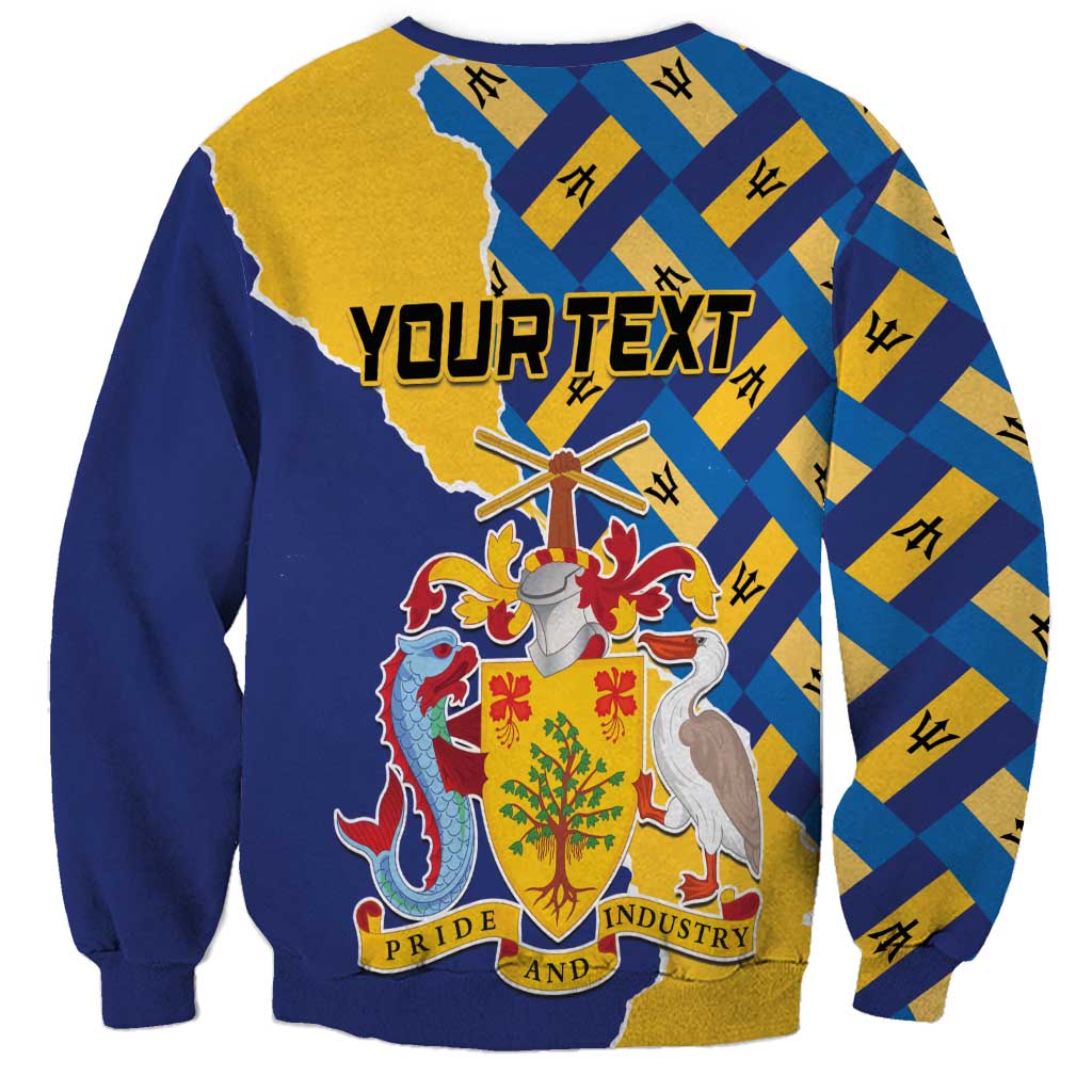 Unisex crewneck sweatshirt in navy and yellow with 'YOUR TEXT' and Barbados crest