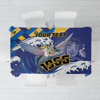 Blue personalized Independence Day tablecloth with yellow details and “YOUR TEXT”