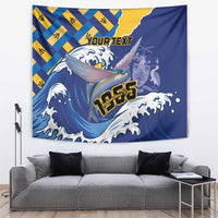 Personalised wall tapestry featuring flying fish in blue waves with custom text