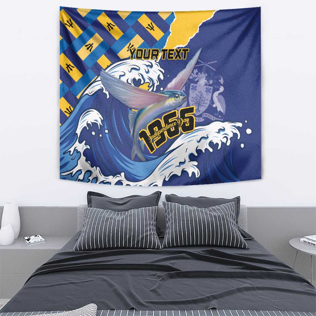 Personalised tapestry with flying fish and wave design in blue and yellow