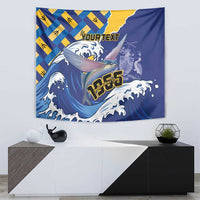 Personalised wall tapestry with flying fish over blue waves and custom 'YOUR TEXT'