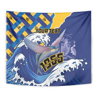 Personalised hanging tapestry with blue-and-yellow waves, flying fish, and custom text