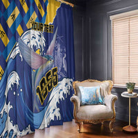 Blue and yellow flying fish window curtain panel with wave pattern in bold prints.