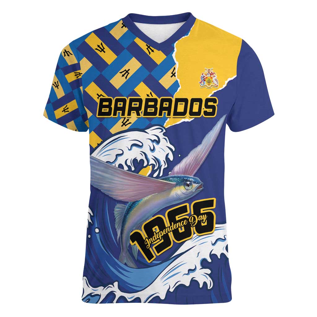 Personalised Barbados Independence Day Women V-Neck T-Shirt Flying Fish Flag Pattern - Wonder Print Shop