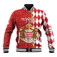 Red and white varsity baseball jacket, Monaco text on chest, ribbed hem and button front
