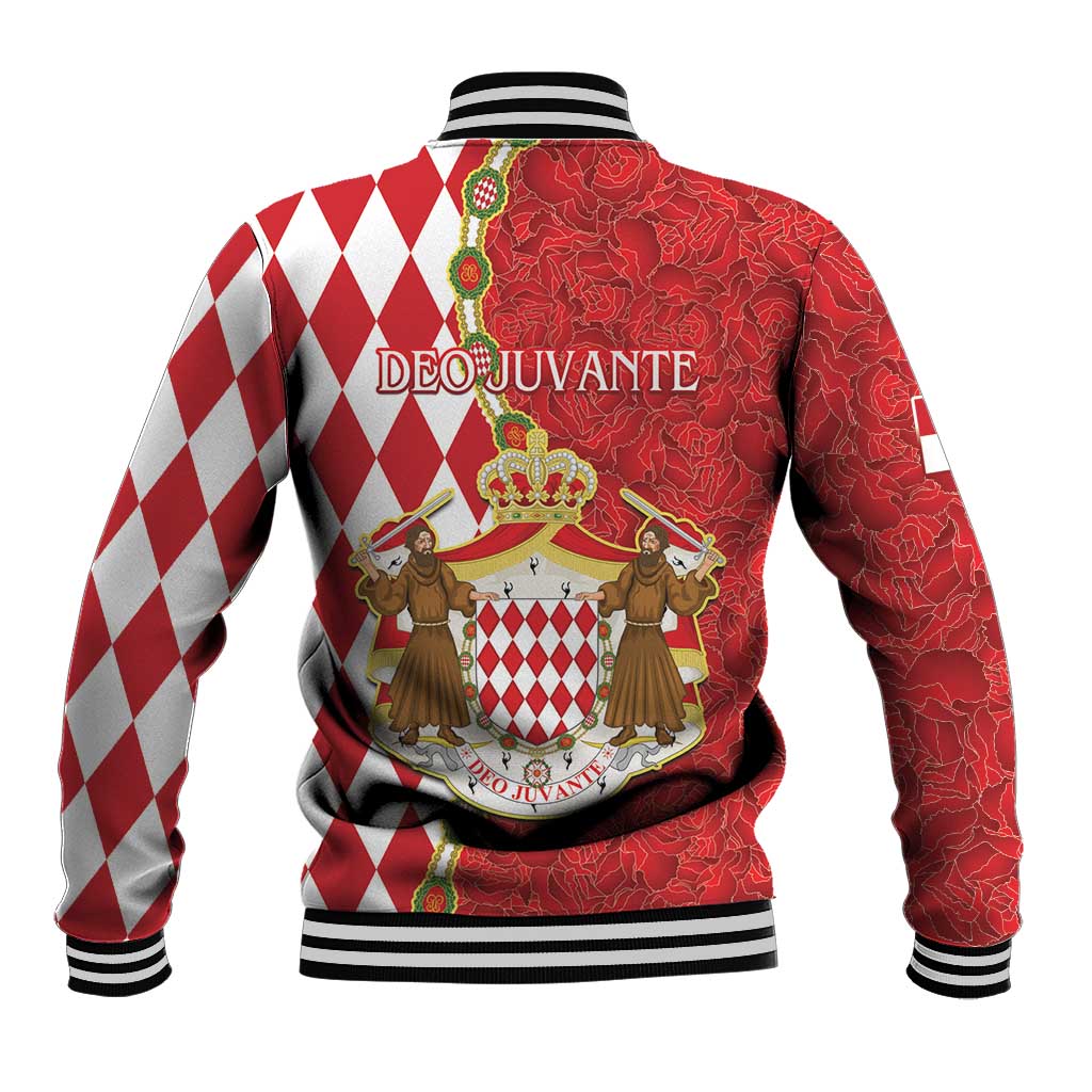 Red baseball jacket with Monaco crest and diamond stripe sleeves, ribbed collar and cuffs