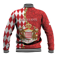 Red baseball jacket with Monaco crest and diamond stripe sleeves, ribbed collar and cuffs