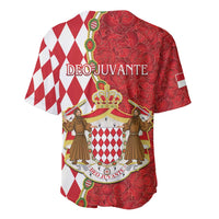 Red baseball jersey back with diamond pattern, crown crest and green trim.