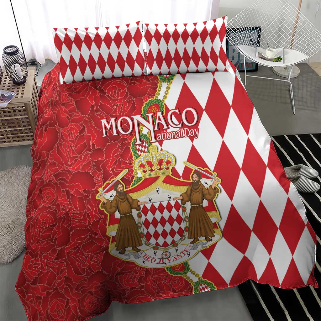 Red and white duvet set with diamond side panel and coat-of-arms crest