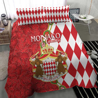 Red and white duvet set with diamond side panel and coat-of-arms crest