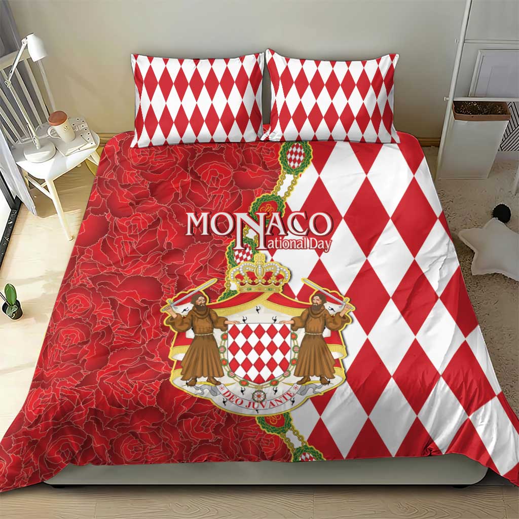 Red and white bedding set with diamond pillow shams and crest emblem duvet