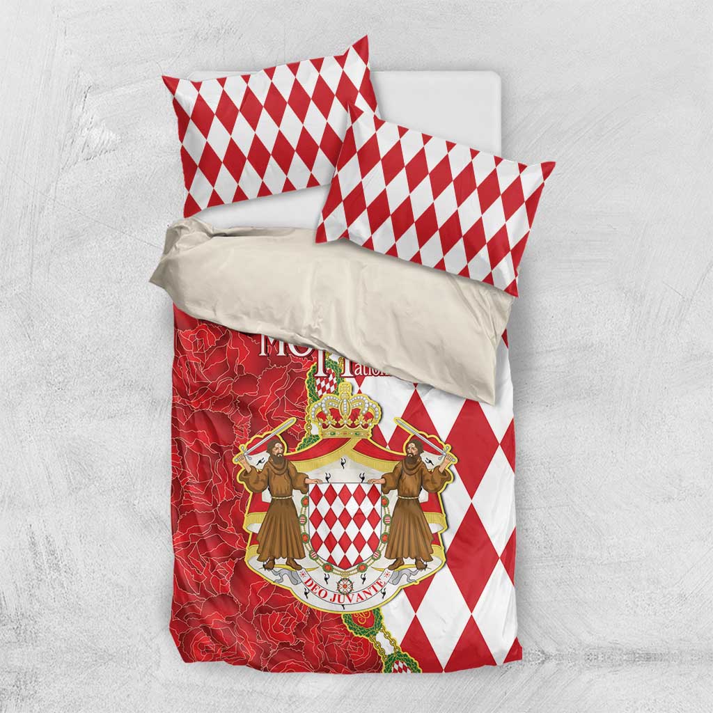 Red and white duvet set with diamond pillow shams and coat-of-arms print