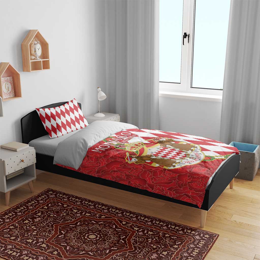 Red and white bedding set with diamond pillow shams and crest duvet