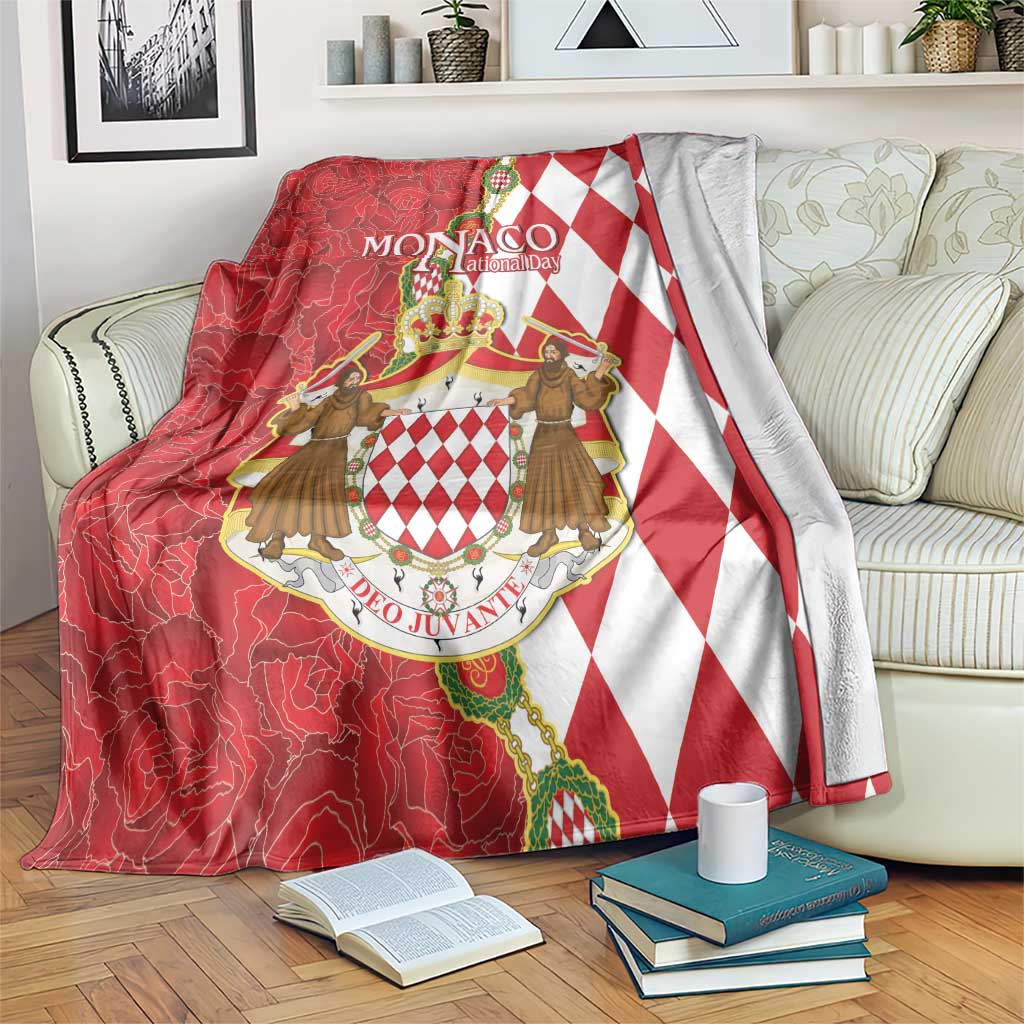 Red and white Monaco coat-of-arms blanket with crest and red/white diamond pattern