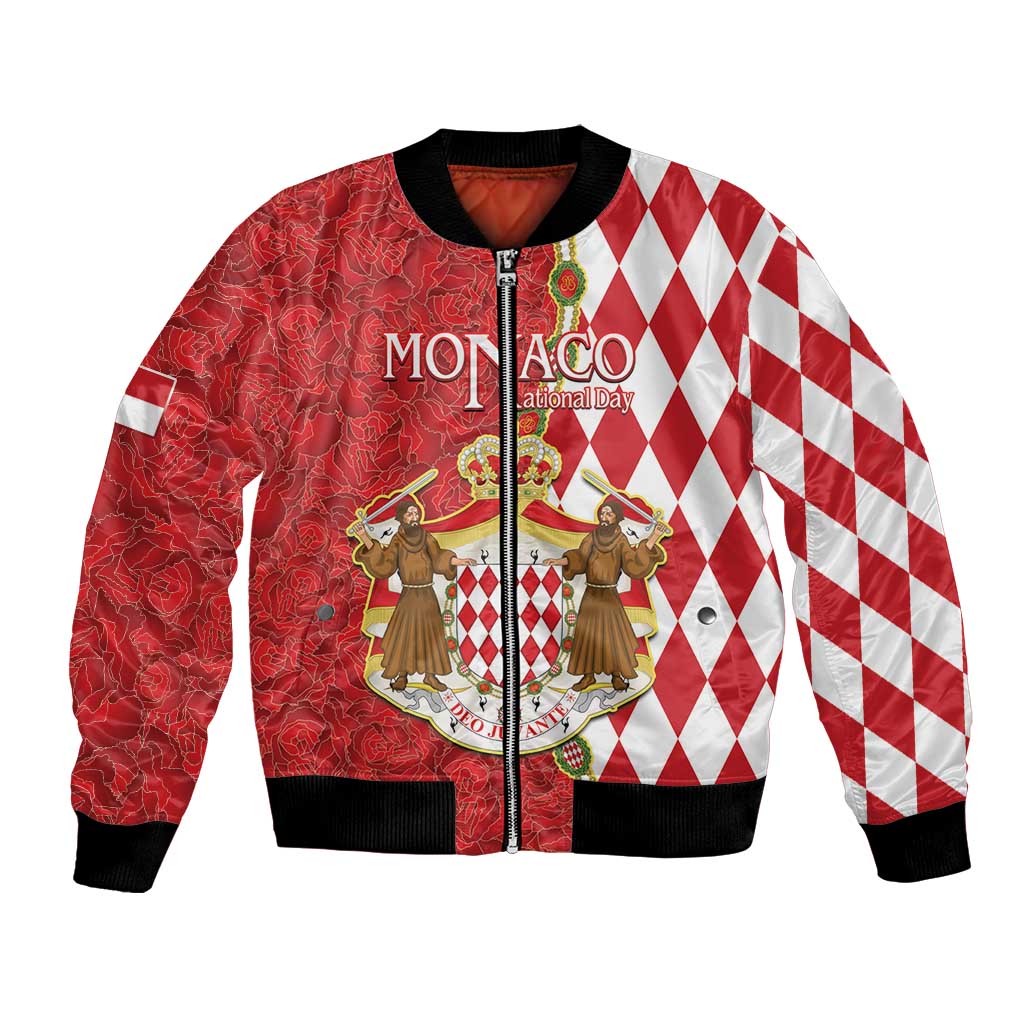 Monaco National Day Bomber Jacket Coat Of Arms Mix Red Carnation Pattern - Wonder Print Shop