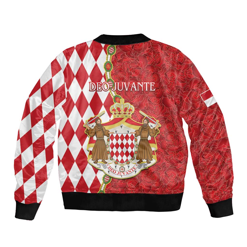 Red and white bomber jacket back with crest graphic, diamond sleeves, ribbed hem