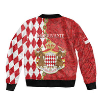 Red and white bomber jacket back with crest graphic, diamond sleeves, ribbed hem