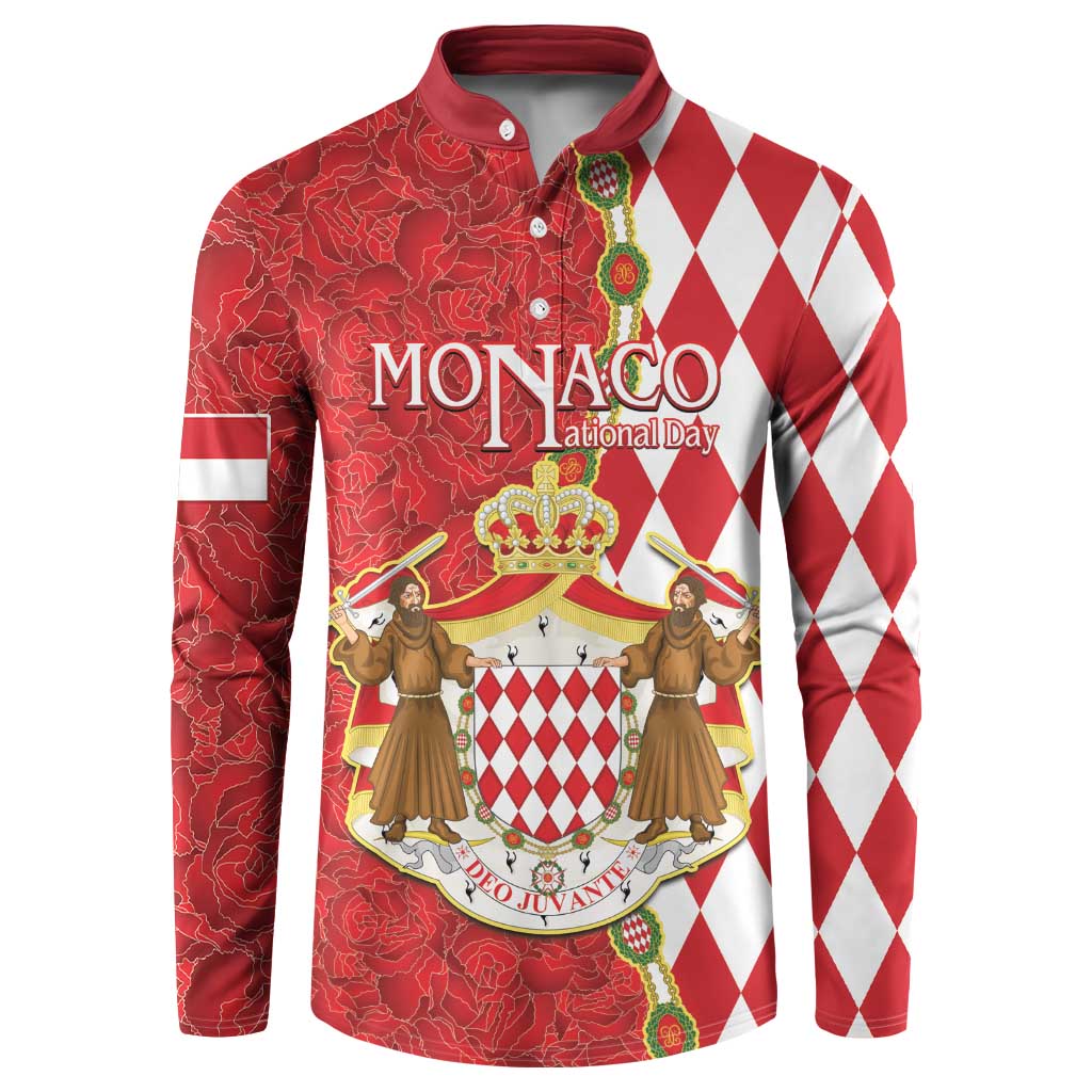 Monaco National Day Button Sweatshirt Coat Of Arms Mix Red Carnation Pattern - Wonder Print Shop