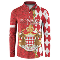 Red button-up sweatshirt with Monaco crest graphic and diamond-pattern sleeve panels