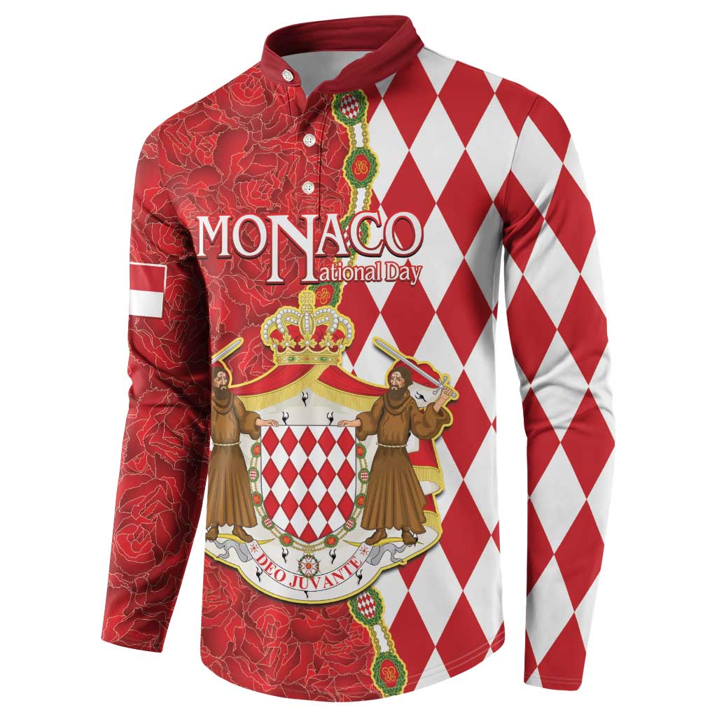 Red button-up sweatshirt with Monaco crest graphic and diamond-pattern right sleeve panel