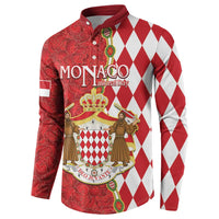 Red button-up sweatshirt with Monaco crest graphic and diamond-pattern right sleeve panel