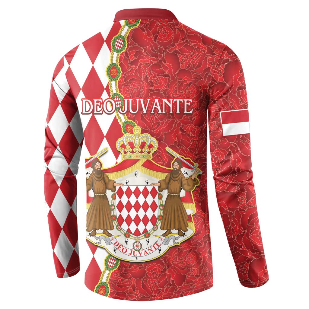 Red button-up sweatshirt back with Deco Juvante crest and diamond-pattern panel