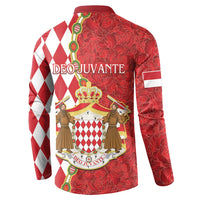 Red button-up sweatshirt back with Deco Juvante crest and diamond-pattern panel