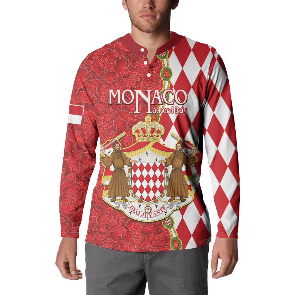 Red button-up sweatshirt with large Monaco National Day crest and diamond-pattern side