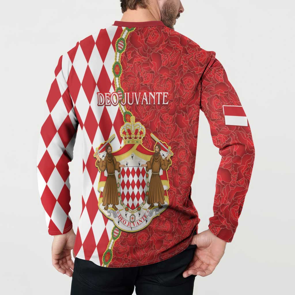 Red button-up sweatshirt with Deco Juvante crest on back and diamond-striped panel