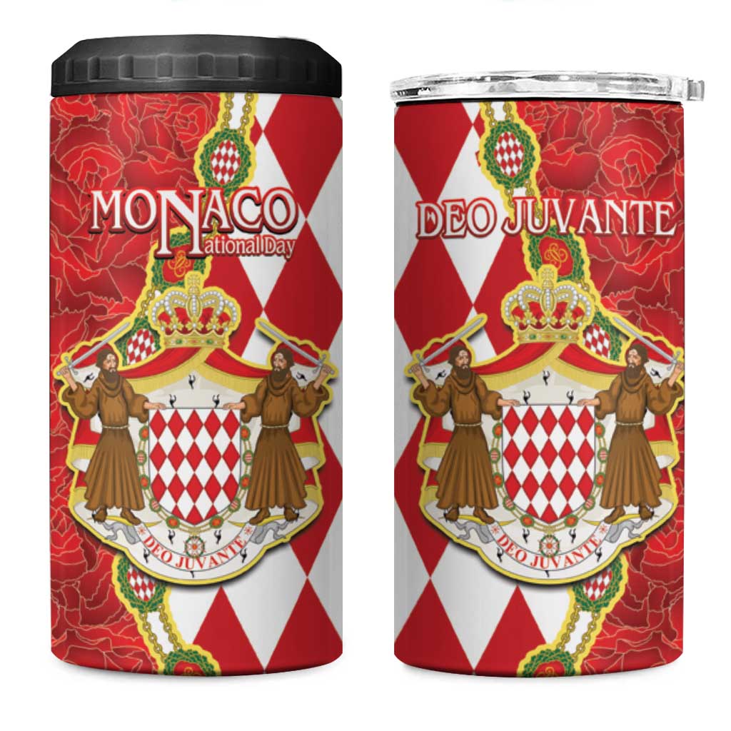 Monaco National Day 4 in 1 Can Cooler Tumbler Coat Of Arms Mix Red Carnation Pattern - Wonder Print Shop