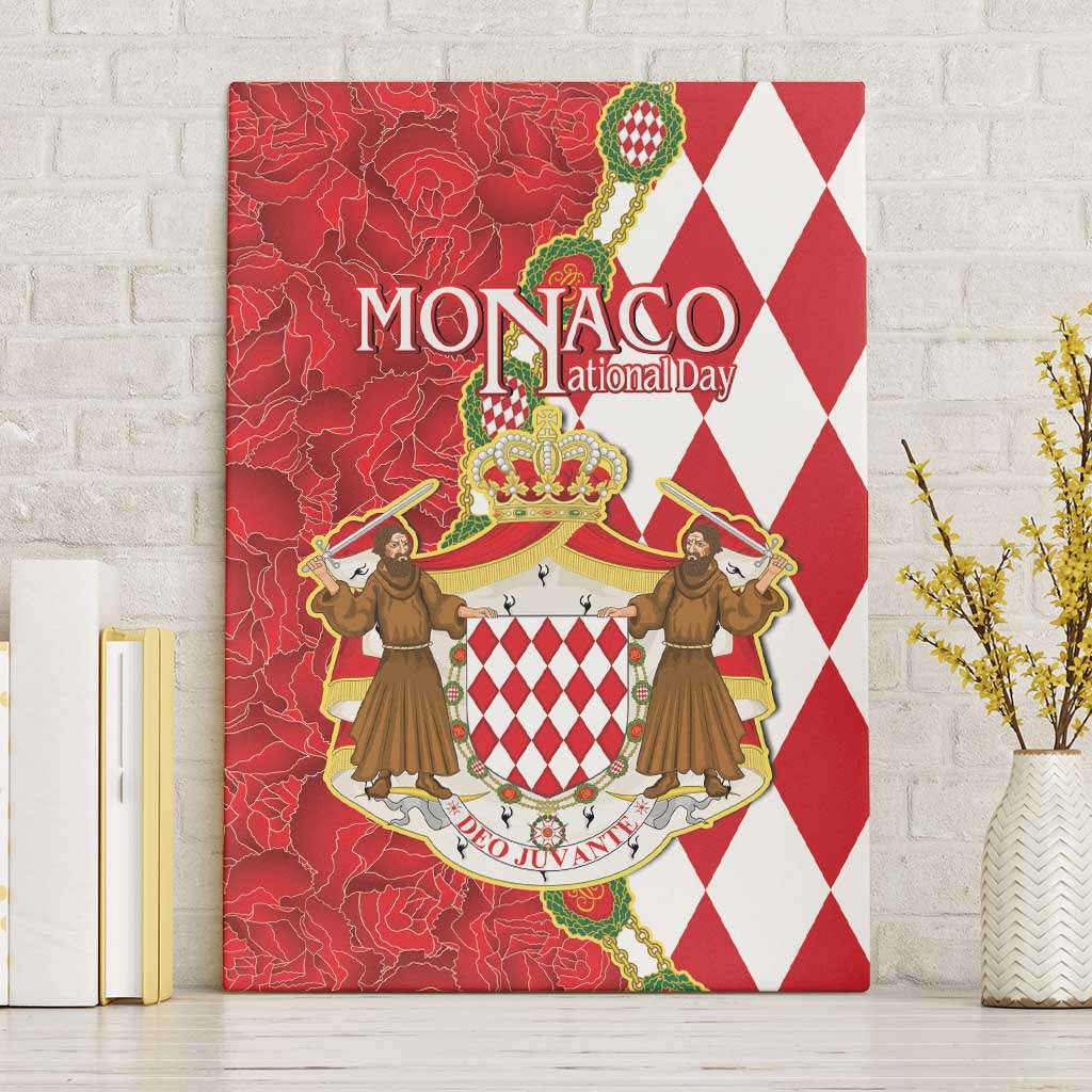 Monaco National Day Canvas Wall Art Coat Of Arms Mix Red Carnation Pattern - Wonder Print Shop