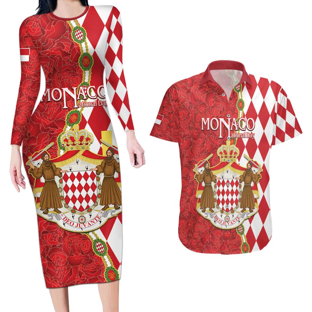 Monaco National Day Couples Matching Long Sleeve Bodycon Dress and Hawaiian Shirt Coat Of Arms Mix Red Carnation Pattern - Wonder Print Shop