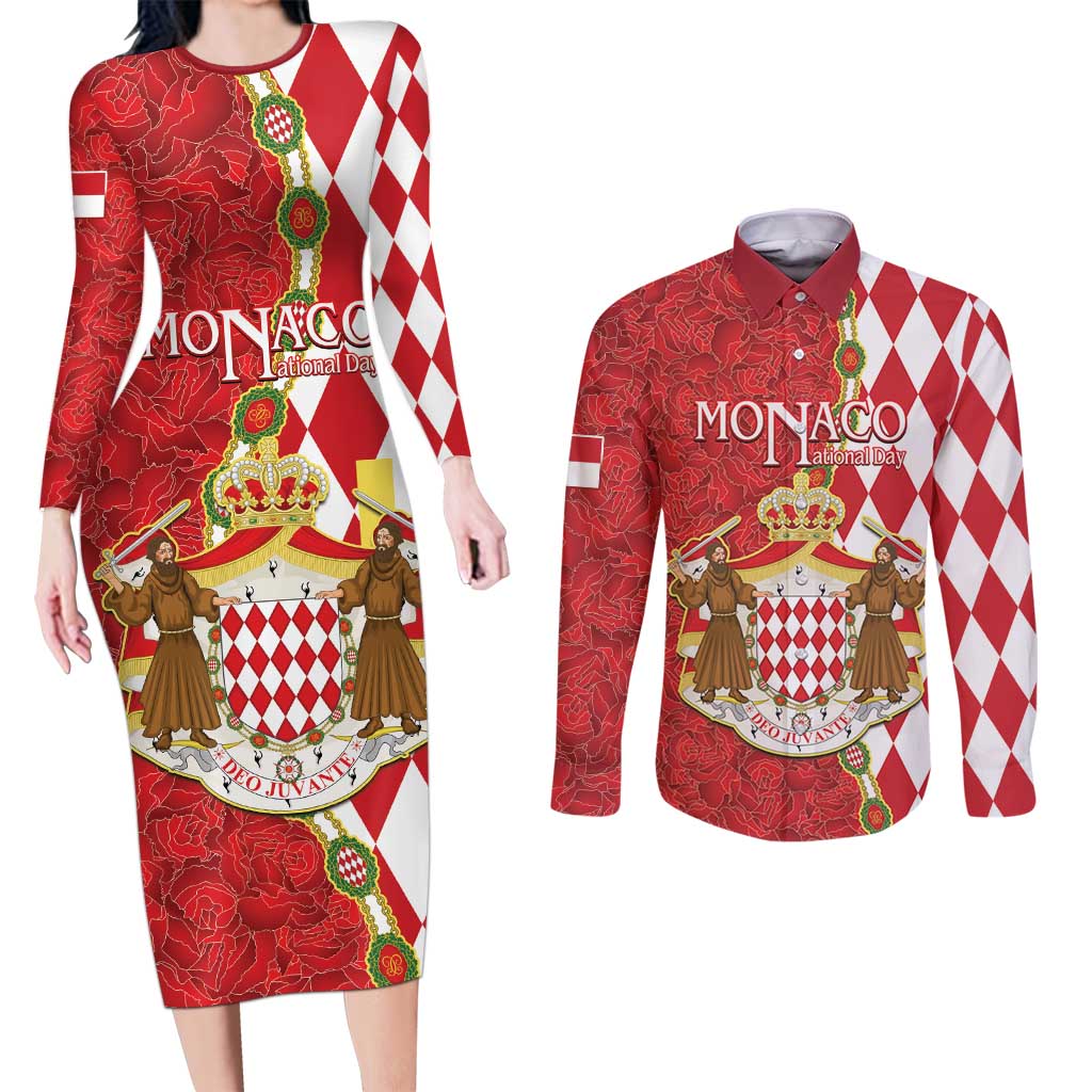 Monaco National Day Couples Matching Long Sleeve Bodycon Dress and Long Sleeve Button Shirt Coat Of Arms Mix Red Carnation Pattern - Wonder Print Shop